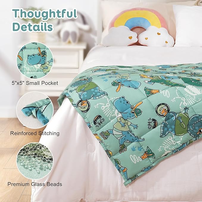 Kivik Dinosaur Weighted Blanket 3lbs, Cooling Breathable Small Blankets, Soft Heavy Throw for School Calming & Bed Sleep Gifts for 4 5 6 7 + Year Old, Machine Washable, 36''x 48'', 3 Pound, Green Dino