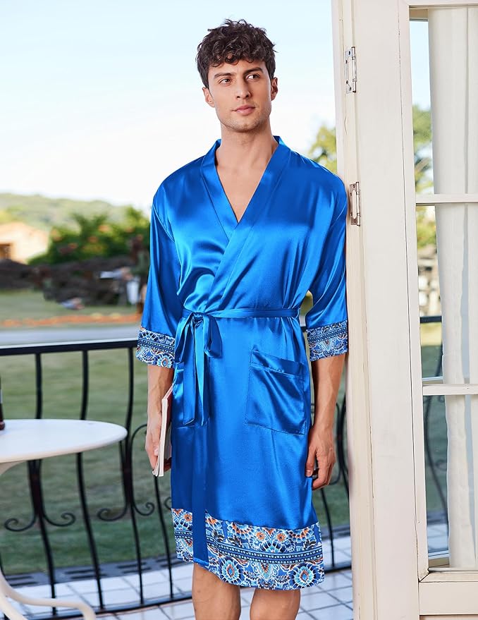 Ekouaer Mens Satin Robe Lightweight Silky Kimono Bathrobe 3/4 Sleeve Spa Knee Length Loungewear with Pockets S-3XL