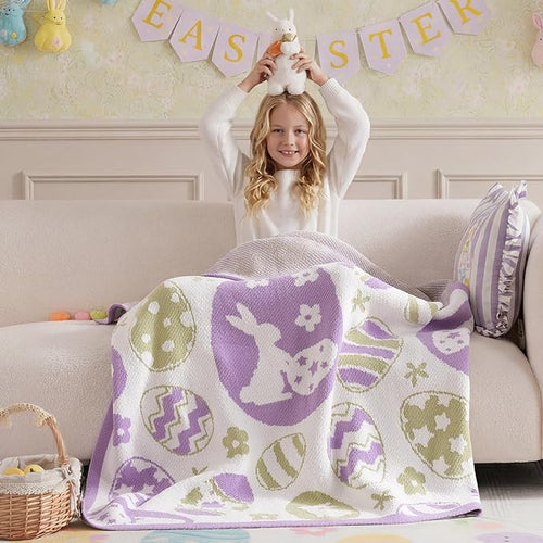 Amélie Home Easter Bunny and Eggs Chenille Knit Throw Blanket for Couch, Cozy Soft Spring Themed Blankets for Sofa, Bed, Gift, 50"x60", Purple/Green