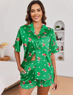 Ekouaer Satin Pajama Set for Women Button Down Silk 2 Piece Pj Sets Ruffle Short Sleeve Sleepwear