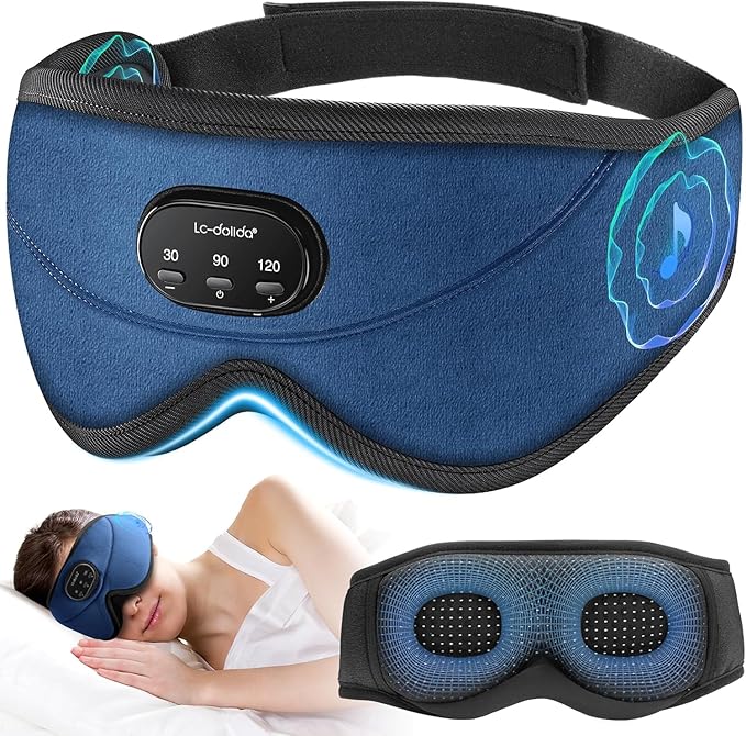 LC-dolida White Noise Sleep Mask, 3D Sleep Headphones with 16 Soothing Sounds, Bluetooth 5.4 Sleep Eye Mask with Timer, Total Blackout Sleeping Headphones for Side Sleeper (Black) (Blue)