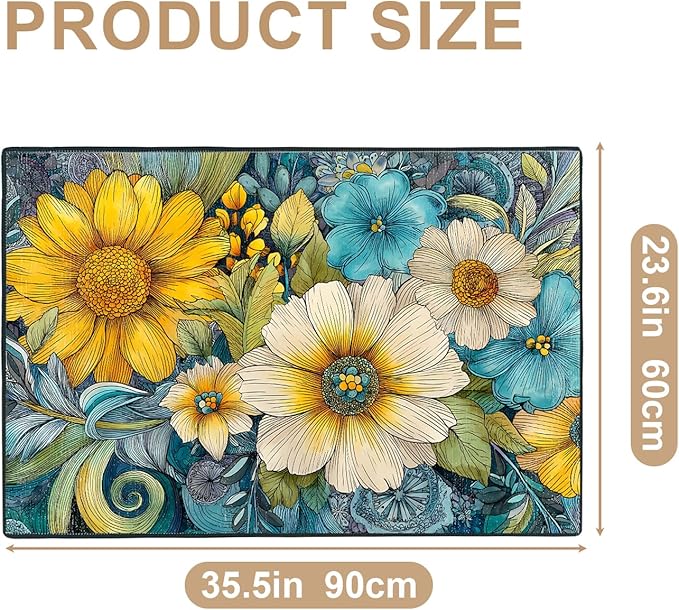 Flower Area Rug 2x3 ft Entry Rug Washable Boho Rugs Non Slip Low Pile Floral Door Mat Small Carpet for Bedroom, Bedside, Kids Room, Office, Dining Room