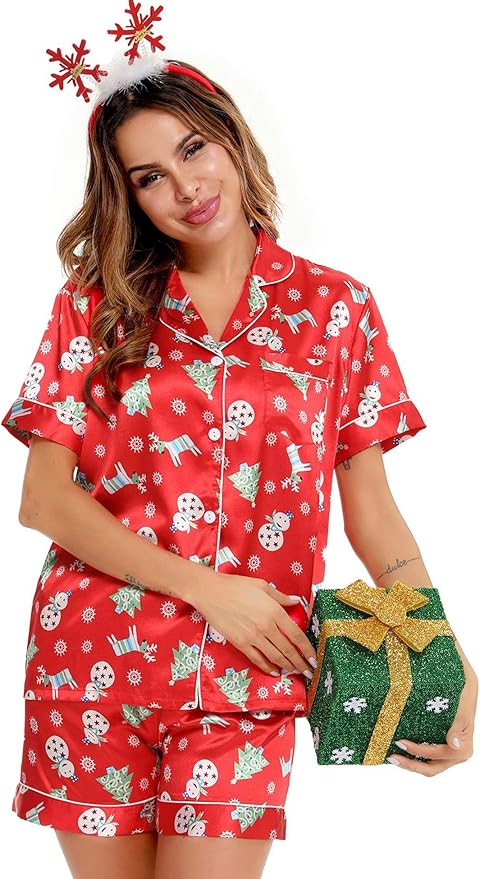 SWOMOG Womens Silk Satin Pajamas Set Short Sleeve Sleepwear Button Down Top and Shorts Loungewear 2 Piece Pjs Set XS-3XL
