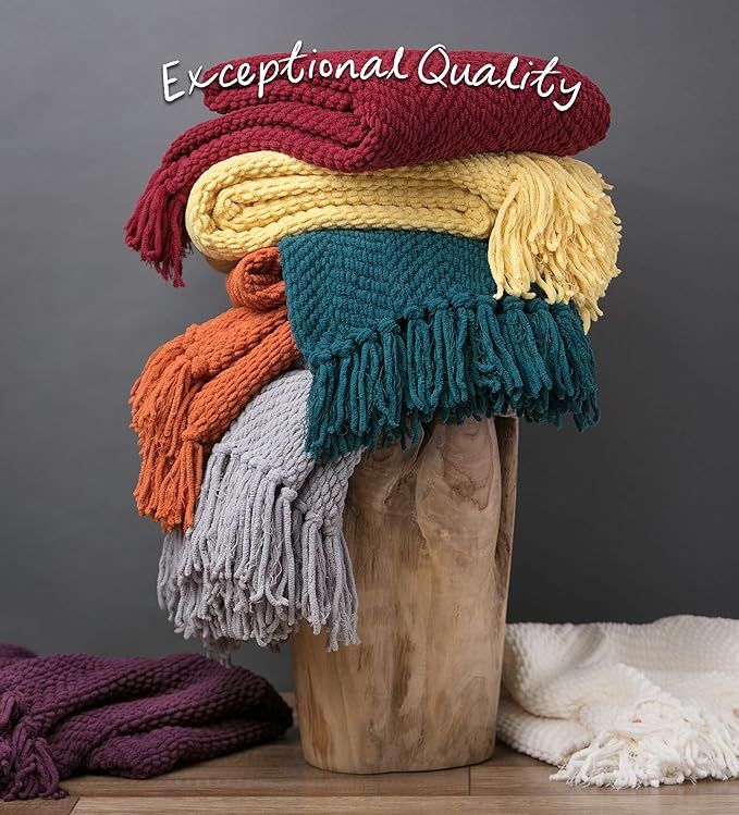 Chanasya Premium Textured Knit Throw Blanket with Tassels - Soft, Cozy Blanket for Couch, Bed, Living Room - 50" x 65” - Orange