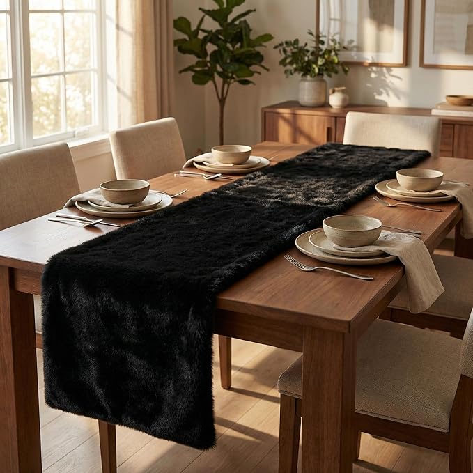 duduta Faux Fur Table Runner, Fluffy Dresser Runner Cover Coffee Table Runner Winter Holiday Decor, Black, 11.8 inch x 59.1 inch