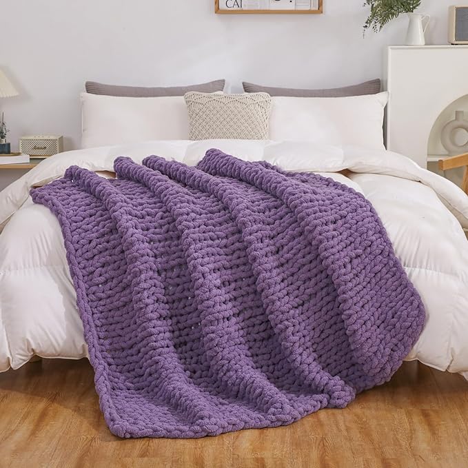 WESHIONGOO Chunky Knit Blanket Throw Knitted Throw Blankets for Couch Bed Fluffy Soft Blanket with Jumbo Chenille Yarn Thick 100% Handmade (Purple, 51"×63")