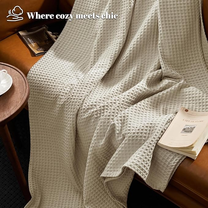 PHF Ultra Soft Waffle Weave Blanket King Size 104"x 90"- Washed Lightweight Breathable Cozy Woven Blanket for Bed - Aesthetic Decor for Couch Bedding Sofa Home Car - Light Khaki/Linen