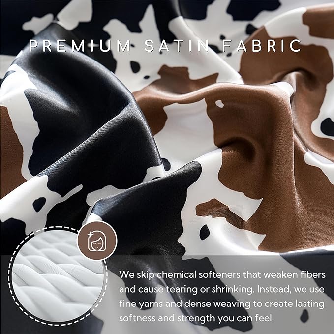 MR&HM Satin Sheets with Elastic Corner Straps, Twin XL Size 3-Piece Silky Bedding Set, Deep Pocket 15 Inches, Good for Hair & Skin (Twin XL, Cow Print)