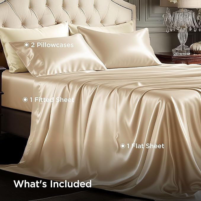 Bedsure Satin Sheets King Size - 4 Piece Silky Bedsheets with Elastic Corner Straps and 15 Inches Deep Pocket Fitted Bedsheet,1 Flat Sheet, 2 Satin Pillowcases, Good for Hair & Skin (King, Champagne)