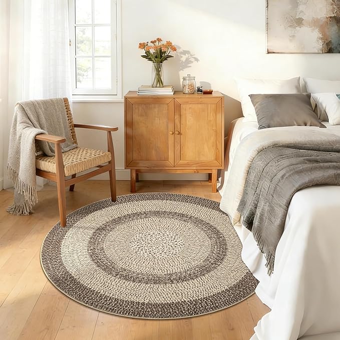 Modern Bordered Round Area Rug 4ft Washable Bedroom Circle Rugs Non Slip Stain Resistant Dining Room Round Throw Carpet Contemporary Circle Mats for Living Room Kitchen Nursery, Camel