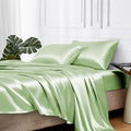 MR&HM Satin Bed Sheets with Elastic Corner Straps, Queen Size Sheets Set, 4 Pcs Silky Bedding Set with 15 Inches Deep Pocket for Mattress (Queen, Light Sage)