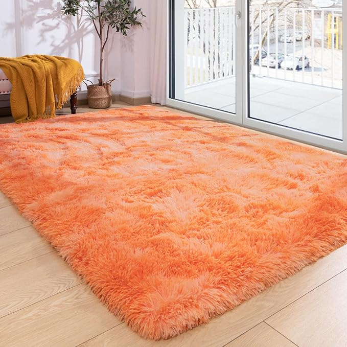 Softlife Orange Area Rug for Living Room, Fluffy Shag Plush 5x8 Rugs for Bedroom Girls Kids, Shaggy Soft Fuzzy Tie Dyed Large Carpet for Dorm Bedside Ultra Cozy Non-Slip Indoor Decor