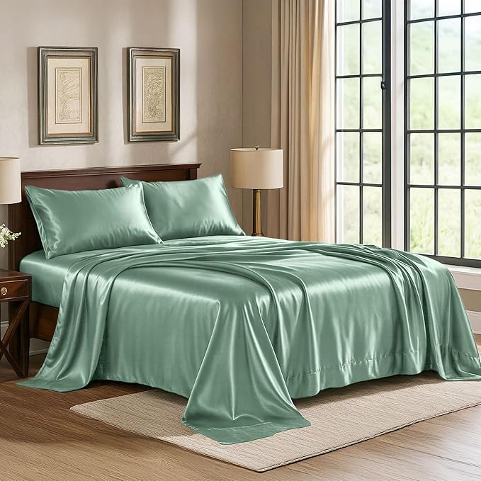 Satin Sheets King [4-Piece, Champagne Green] Hotel Luxury Silky Bed Sheets - Extra Soft 1800 Microfiber Sheet Set, Wrinkle, Fade, Stain Resistant - Deep Pocket Fitted Sheet, Flat Sheet, Pillow Cases