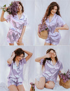LecGee Womens Silk Satin Pajamas Short Sleeve Loungewear Two-Piece Sleepwear Button-Down Pj Set
