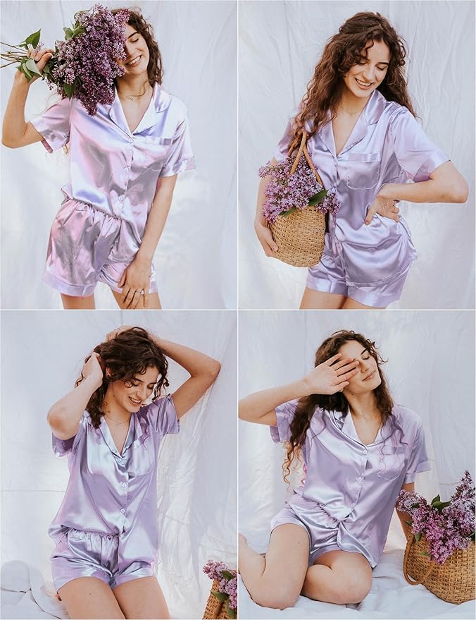 LecGee Womens Silk Satin Pajamas Short Sleeve Loungewear Two-Piece Sleepwear Button-Down Pj Set