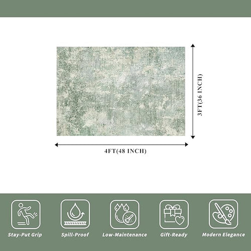 3x4 Washable Entryway Area Rug – Non-Slip Modern Abstract Small Area Rug for Kitchen, Bedroom, Bathroom – Soft Low-Pile Thin Indoor Door Mat (Sage Green,3x4)