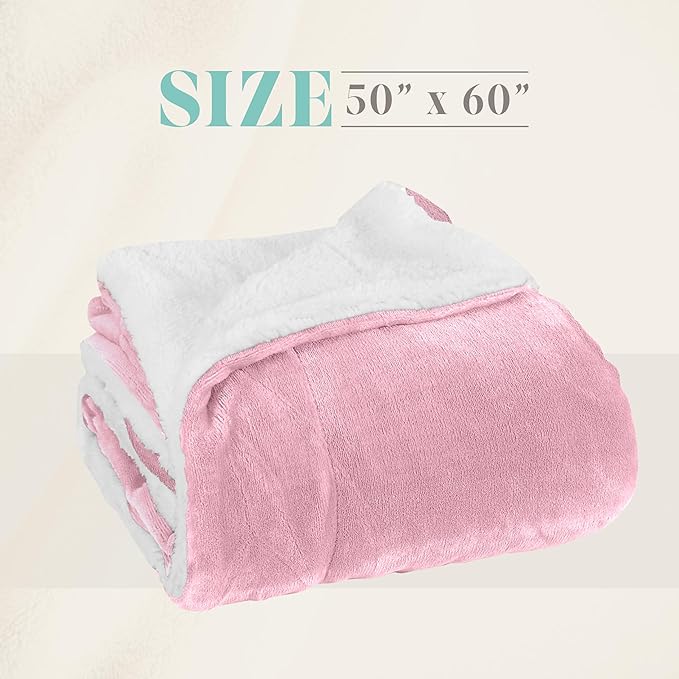 Elegant Comfort Throw Blanket, Reversible Sherpa Flannel, Ultra-Soft, Fuzzy, Cozy and Plush- All Season Lightweight Decorative Throw, 50 x 60 inches, Solid Sherpa Throw, Light Pink