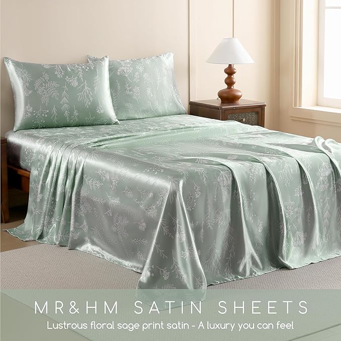 MR&HM Satin Bed Sheets with Elastic Corner Straps, Queen Size Sheets Set, 4 Pcs Silky Bedding Set with 15 Inches Deep Pocket for Mattress (Queen, Floral Sage)