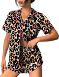 Ekouaer Womens Silk Satin Pajama Set Print Short Sleeve Sleepwear Button Down Pjs Shorts Set Loungewear