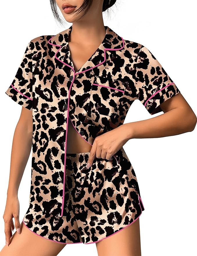 Ekouaer Womens Silk Satin Pajama Set Print Short Sleeve Sleepwear Button Down Pjs Shorts Set Loungewear