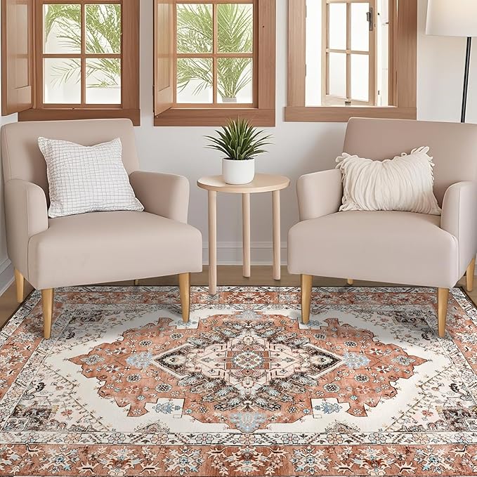 CRYPTOLITE Vintage Area Rug 5x8 Rugs, Machine Washable Vintage Area Rug Non-Slip Low Pile Large Rug for Living Room, Bedroom, Farmhouse, Dining Room, Orange