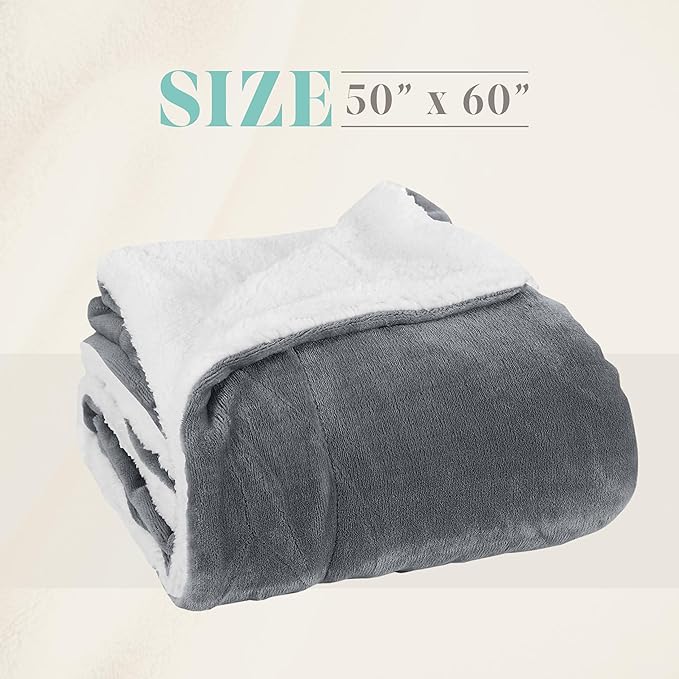 Elegant Comfort Throw Blanket, Reversible Sherpa Flannel, Ultra-Soft, Fuzzy, Cozy and Plush- All Season Lightweight Decorative Throw, 50 x 60 inches, Solid Sherpa Throw, Gray