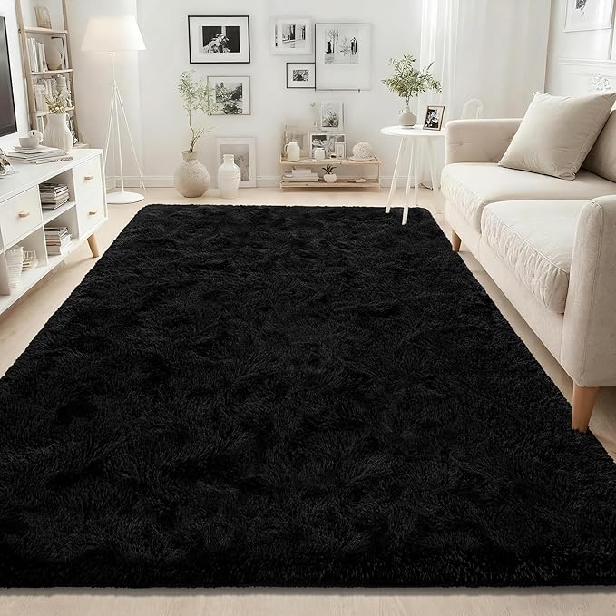 ISEAU Rugs for Living Room Fluffy Area Rug Carpets Soft Shaggy 6x9 Feet Rugs for Bedroom, Fuzzy and Comfy Shag Large Rug for Teen's Dorm Boys Kids Nursery Room Decor, Black