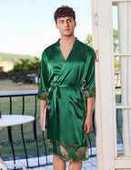 Ekouaer Mens Satin Robe Lightweight Silky Kimono Bathrobe 3/4 Sleeve Spa Knee Length Loungewear with Pockets S-3XL
