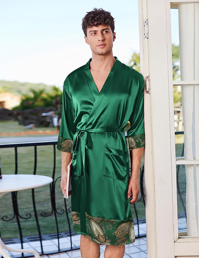 Ekouaer Mens Satin Robe Lightweight Silky Kimono Bathrobe 3/4 Sleeve Spa Knee Length Loungewear with Pockets S-3XL