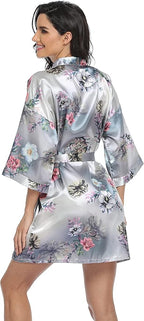 Women's Floral Satin Robes Bride Bridesmaid Getting Ready Robe Short Silky Kimono Sleepwear for Wedding Party