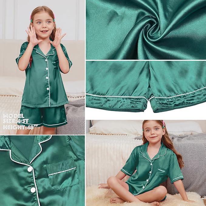 QPANCY Kids Satin Pajamas Sets Baby Boy Girl Button-Down Silk Sleepwear 2 Piece Short Sleeve Loungewear Clothes Set