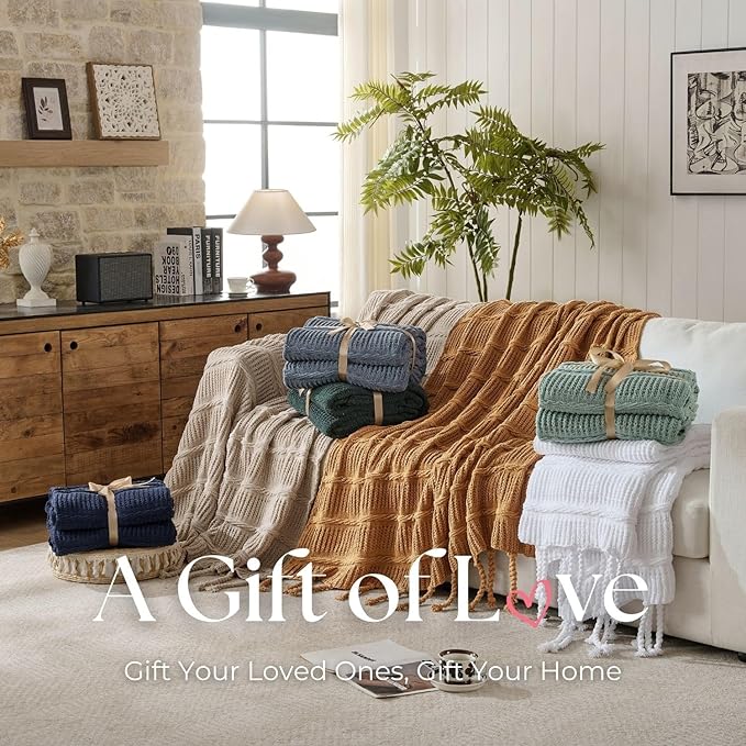 Boho Knitted Chenille Blanket with Tassels - Lightweight & Soft All-Season Throw - 3D Classic Pattern for Living Room Bedroom Couch, Royal Blue, King 90"x108"