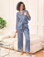 Ekouaer Womens Silk Satin Pajama Sets 2 Piece Sleepwear Pjs Set Long Sleeve Button Down Top and Pants Stripe Loungewear S-XXL