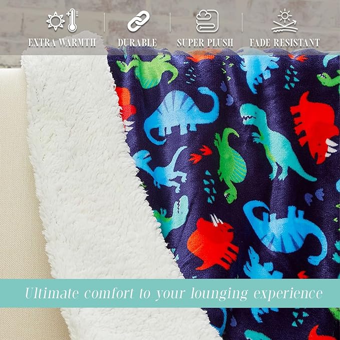 Elegant Comfort Throw Blanket, Reversible Sherpa Flannel, Ultra-Soft, Fuzzy, Cozy and Plush- All Season Lightweight Decorative Throw, 50 x 60 inches, Navy Dino Sherpa Throw