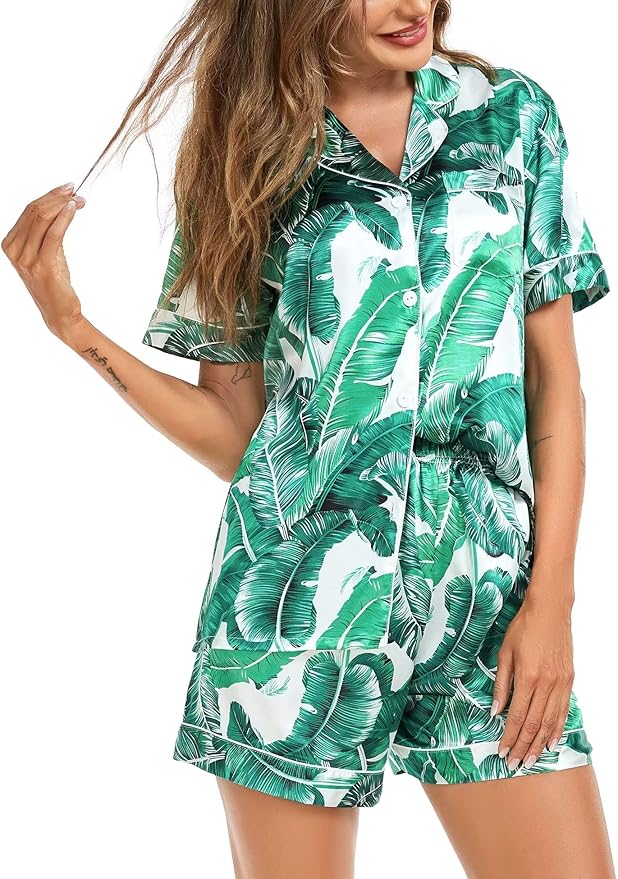 SWOMOG Satin Matching Pajamas Sets Couple Silk Button Down Nightwear Women & Men Short Sleeve Sleepwear 2 Pieces Loungewear