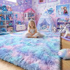 Amdrebio Purple Rainbow Mermaid Area Rugs 9x12 for Girls Bedroom Decor Aesthetic, Plush Fluffy Kawaii Large Big Rugs for Kids Room Nursery Playroom, Cute Stitch Frozen Fuzzy Furry Baby Toddler Carpet