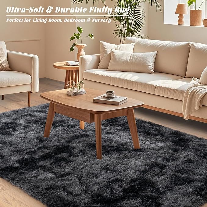 Tie-Dyed Black Rugs for Bedroom 9x12 ft Large - Ultra Soft Faux Fur Area Rug - Plush Non-Slip Shaggy Carpet for Living Room, Cozy Fluffy Rug for Kids Boys Girls Dorm Nursery Room, High Pile Carpet