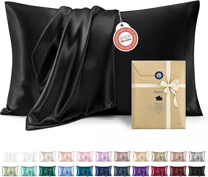 Bedsure Satin Pillowcase for Hair and Skin Queen - Black Silky Pillowcase 2 Pack with Envelope Closure, Similar to Silk Pillow Cases, Gifts for Women Men, 20x30 Inches, 2pcs