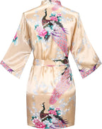 Women's Short Kimono Robes Bride and Bridesmaid Satin Floral Bathrobe Peacock Sleepwear Dressing Gown for Wedding Party