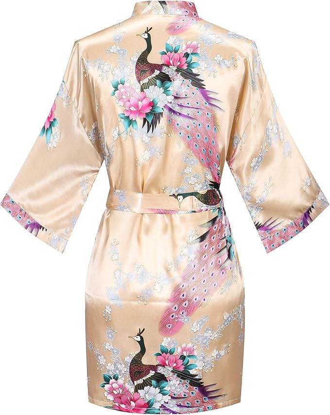 Women's Short Kimono Robes Bride and Bridesmaid Satin Floral Bathrobe Peacock Sleepwear Dressing Gown for Wedding Party