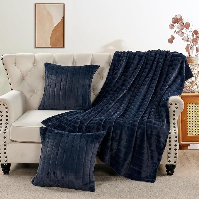 Striped Throw Blanket and Pillow Covers Set (No Inserts) for Couch and Bed, Plush Warm Lightweight Fuzzy Faux Fur Blanket for All Seasons (50" x 60", Dark Blue)