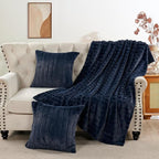 Striped Throw Blanket and Pillow Covers Set (No Inserts) for Couch and Bed, Plush Warm Lightweight Fuzzy Faux Fur Blanket for All Seasons (50" x 60", Dark Blue)