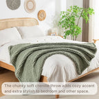 Chunky Knit Blanket Throw, 100% Hand Knit Throw Blanket Handmade Chenille Cable Knit Throw for Couch, Stylish Cozy Soft Rope Knot Crochet Blanket for Home Decor, Sage Green, 50x60 Inches