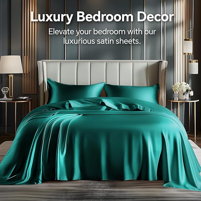 BEDELITE Satin Sheets Full Size Bed Set, Luxury Soft Teal Silky Sheet for Hair and Skin, Similar to Silk Bed Sheets Set 4 Pieces with 1 Deep Pocket Fitted Sheet, 1 Flat Sheet, and 2 Pillowcases