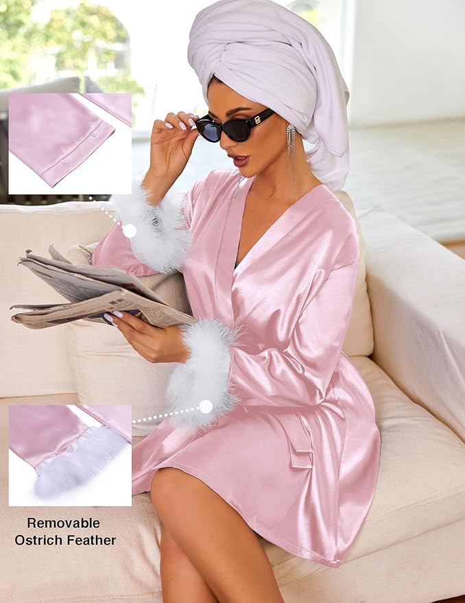 Ekouaer Women's Satin Robe Short Bridesmaid Bride Feather Bridal Robe Kimono Silky Long Sleeve Bathrobe S-XXL