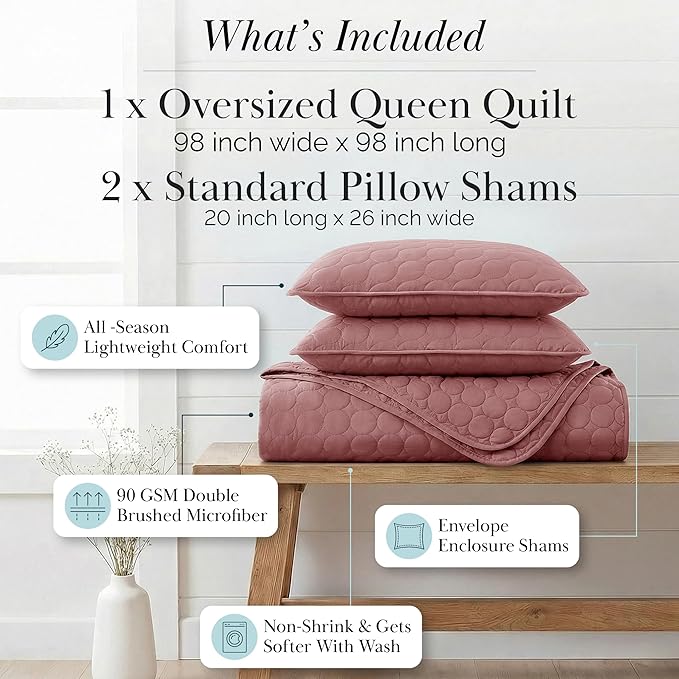 Southshore Fine Living, Inc. Oversized Full Size Quilt Bedding Set, Lightweight Bedspread, Soft Coverlet 3-Piece Set with Two Matching Quilted Pillow Shams, All Season Full/Queen Quilts, Withered Rose