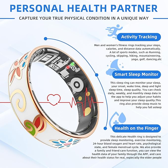 Smart Ring Health Tracking, Sleep Tracking, Heart Rate, Blood Oxygen, Blood Pressure，Fitness Ring, Activity Monitoring, 5 Days Battery, 5ATM Waterproof, No Subscription (Enamel Color, 8#)