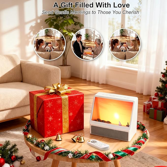 Sunrise Alarm Clock for Bedrooms, White Noise Machine Creative Simulated Sunrise Animation with 7 Modes, 12 Natural Sounds, Music Speaker & Remote, Wake Up Light Sunset Lamp Gifts for Heavy Sleepers