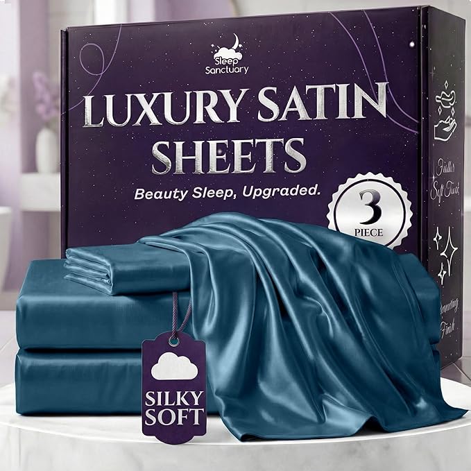 SLEEP SANCTUARY Satin Sheets Twin Size – 3 Piece Luxury Silky Bed Set, Softer Than Silk, 15" Deep Pocket, Cooling & Wrinkle-Free, Moisture-Wicking & Breathable for Hair & Skin (Sea Teal)