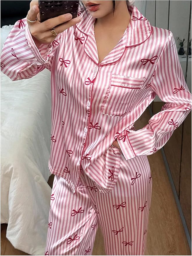 WDIRARA Women's 2 Piece Bowknot Print Satin Pajama Set Long Sleeve Button Down Lounge Pants Sleepwear Sets